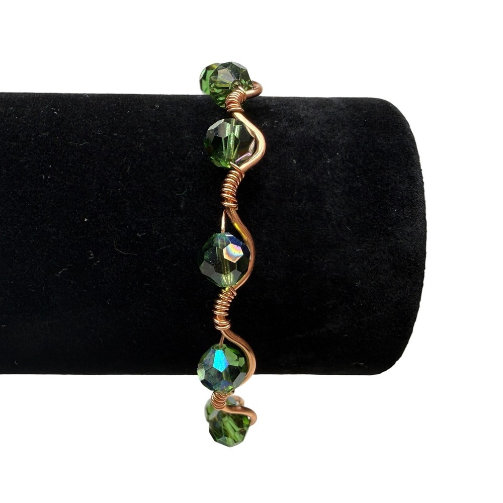 Handmade Copper Wire Wrapped Green Faceted Crystal Beaded Bracelet Fashion